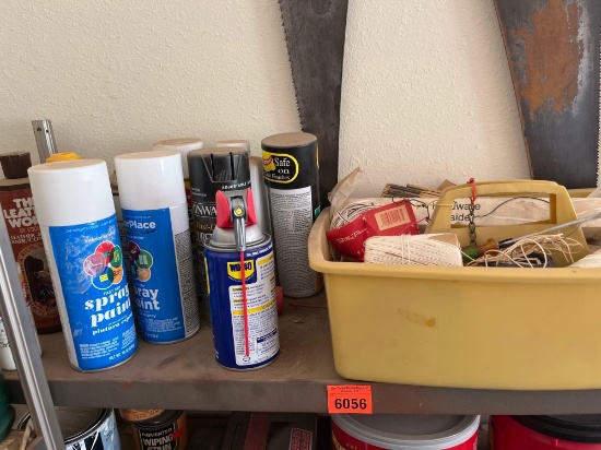 Paint, WD-40, leather works conditioner, silicon tray, full of string, a screwdriver, measuring