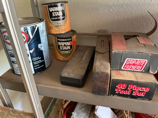 Stain paint mini mag, light screws, antique Socket say it, two buckets of Folgers, odds and ends