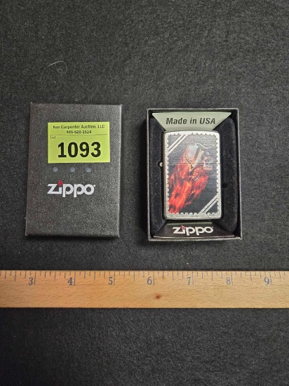 Zippo Lighter in Box. Flaming, Helmeted Skull.