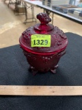 Vintage Ruby Red Grape Motif Pressed Glass Candy Dish with Lid