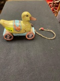 Vintage Roll Around Carved Wood Duck Toy