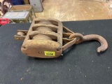 Antique Cast Iron and Wood Triple Pulley Block and Tackle