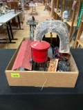 Box of Assorted Toy Train Parts, Props, and Accessories