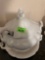 Vintage antique large white iron stone gravy Bowl with lid and ladle and plate underneath