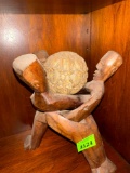 African wooden unity Circle sculpture three headed Interlocked handcarved with ball