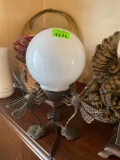 Vintage folk art, milk, glass globe Metal stand Dragonflies