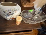 Made by Jay porcelain Hand painted vase, A bowl that has Flowers carved on it And a candle in the