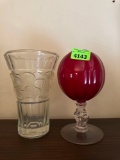 Antique Ruby, red Carmen face, Cambridge Glasgow ivy ball 1930s EAPG Keyhole stem. Vintage