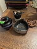 Needle nose, pliers A glass vase pencil holder and wooden hand carved coaster flashlight