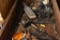 2 empty fishing tackle boxes, 1 with some item inside and a bin of various hardware items