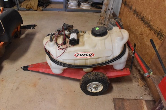 Pull behind yard sprayer has small boom and hose spray Must bring help to load