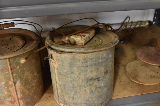 Items on shelf to include minnow bucketsand more