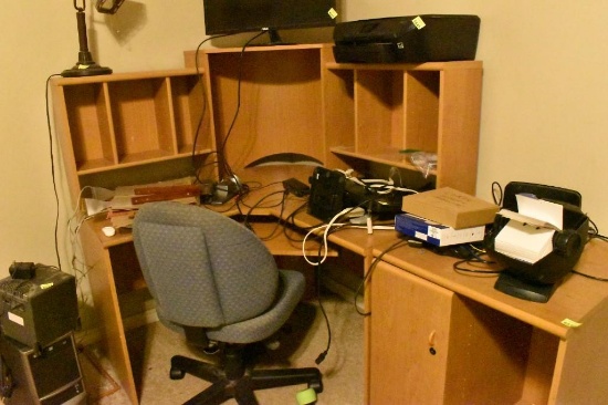 Wood corner desk.... ...Items on top are NOT included in this lot. Must bring help to load.