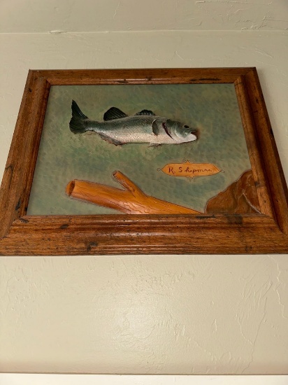 Framed picture leather 3 embossed fish hand made