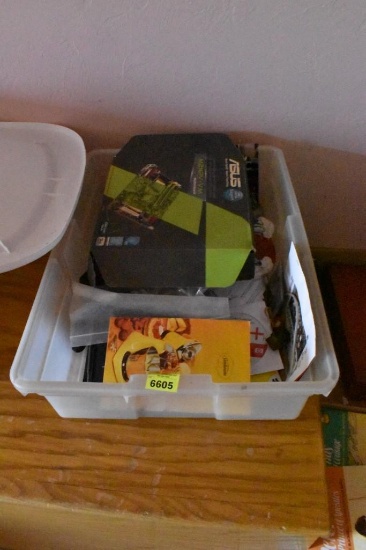 Plastic tote of various items