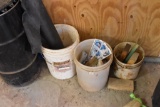 Empty metal barrel and 3 buckets of various items Must bring help to load