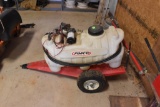 Pull behind yard sprayer has small boom and hose spray Must bring help to load