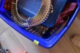 Blue basket of various home decor items
