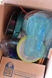 Box of kitchen items including tupperware and more