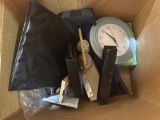 Box of items including a clock and more