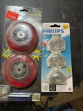 Pack of scooter wheels and a pack of indoor flood light bulbs