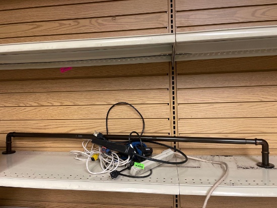curtain rod; outlet power strip; wires
