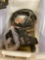 Tote full of various items tool parts, bandsaw blades miter saw plastic parts no saw