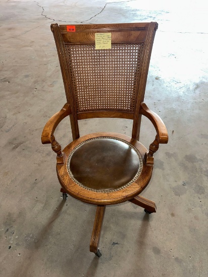Eastlake Victorian Oak wood cane back swivel leather seat office desk chair