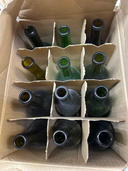 12 wine bottle light green, dark green, maybe a brown