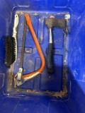 Bol brush for the air pump, tool, plunger, metal container, and a blue tote