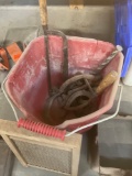 Bucket of horseshoes, nails , coping saw , hacksaw , antique washboard, antique waffle maker