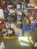 Pallet of paint foam brushes and stains