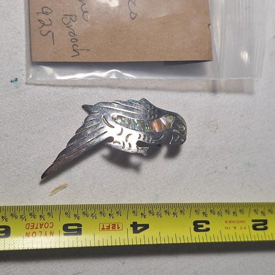 Mexican sterling silver vintage parrot brooch with abalone inlay