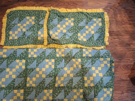 Green and Yellow quilt and shams- appears to be hand made- full size bed.