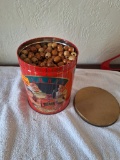 metal tin of wooden beads