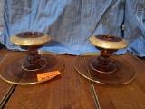 Amber glass candle holders with gold tone trim