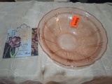 Pink depression glass bowl and small decorative hanging tile