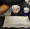 Serving platter, cobalt plates, flower-shaped small bowls, Coca-Cola bowls, food storage containers
