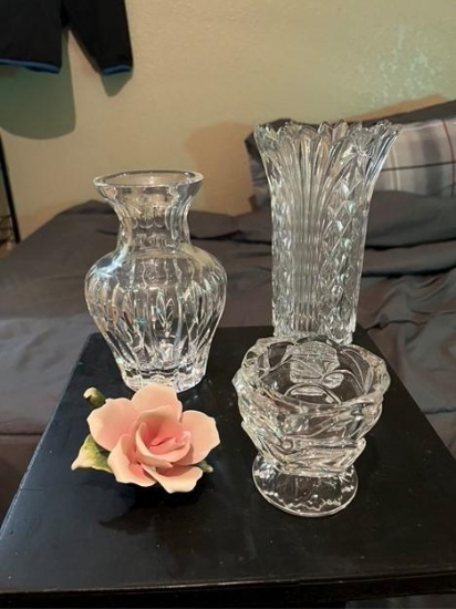 Marquis crystal vase, bone china rose, rose shaped candle holder, cut crystal vase