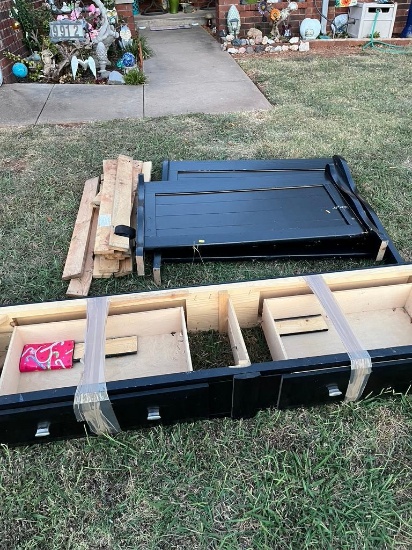 Wood black twin bedframe, headboard, footboard, and underbed drawers