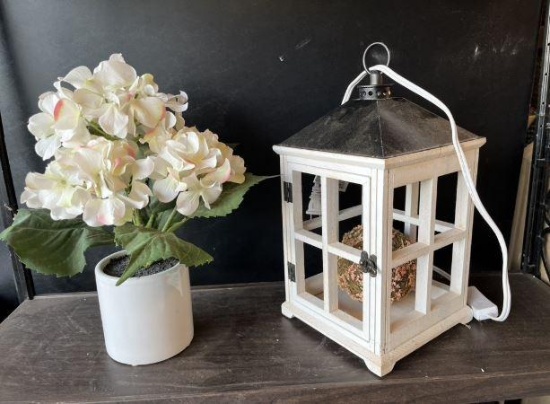 Electric lantern and hydrangea