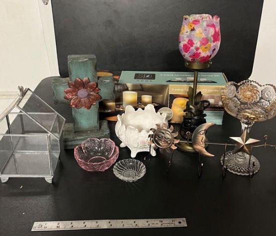 Glass case, lamp, candles, tall glass dish, bowls, cross, sun/moon hook