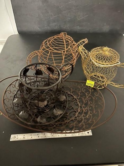 Metal tray and tea pots