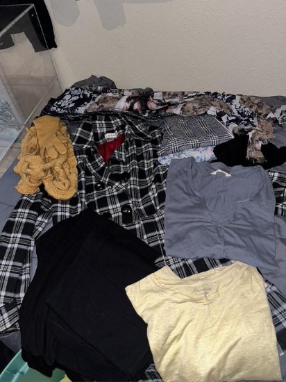 Coat, couple of tops, pants, leggings, and scarves mostly size lg