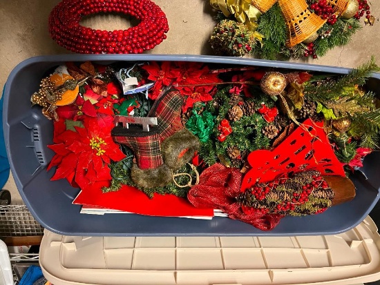 Huge tote full of Christmas - garland, lights, a tree, wreaths and more