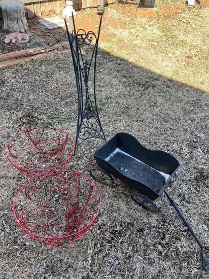Outdoor iron stand, wagon, 2 red hanging plant holders