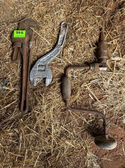 Hand Drill, pipe wrench and more