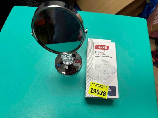 Thermos brand 12 ounce bottle, replacement straws, and mirror