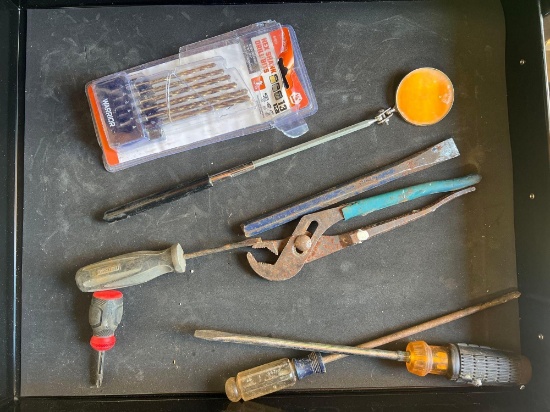 R drill, bits, screwdriver, and mirror
