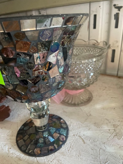 T - crackled glass hurricane glass candy dish
